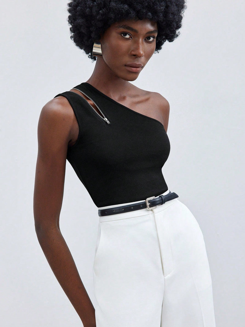 Blusa Manga Única Detalhe Em Zíper